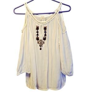 Ludi White crepe beaded cold shoulder blouse size small